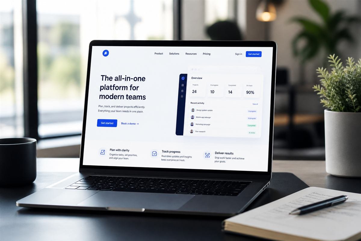 Laptop on a desk showing a sample startup website launch